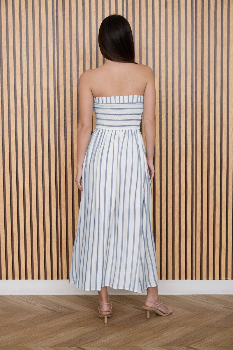 STRIPE PLEATED STRAPLESS LINEN MIDI DRESS – Threads & Co