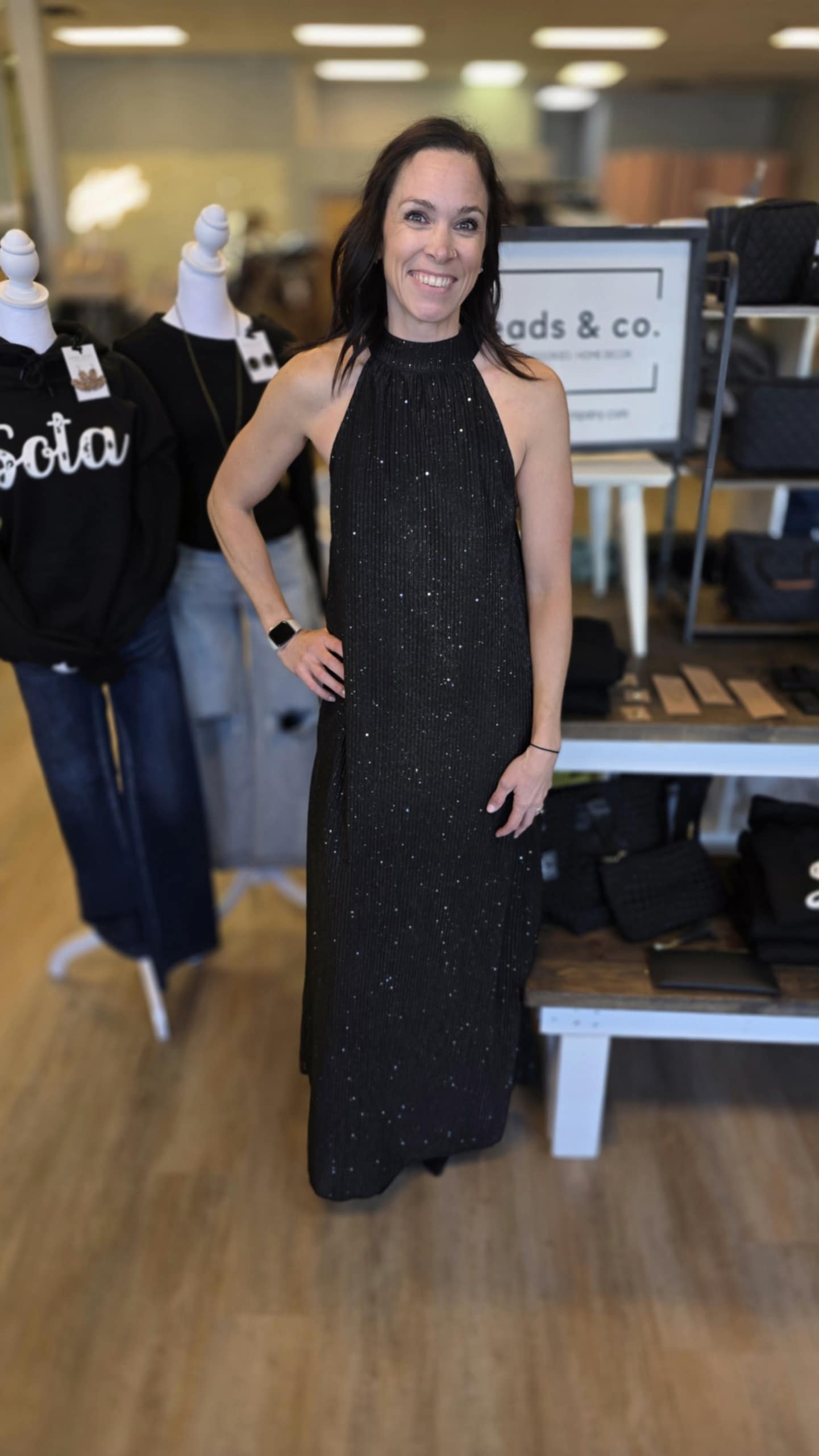 METALLIC BLACK HALTER DRESS