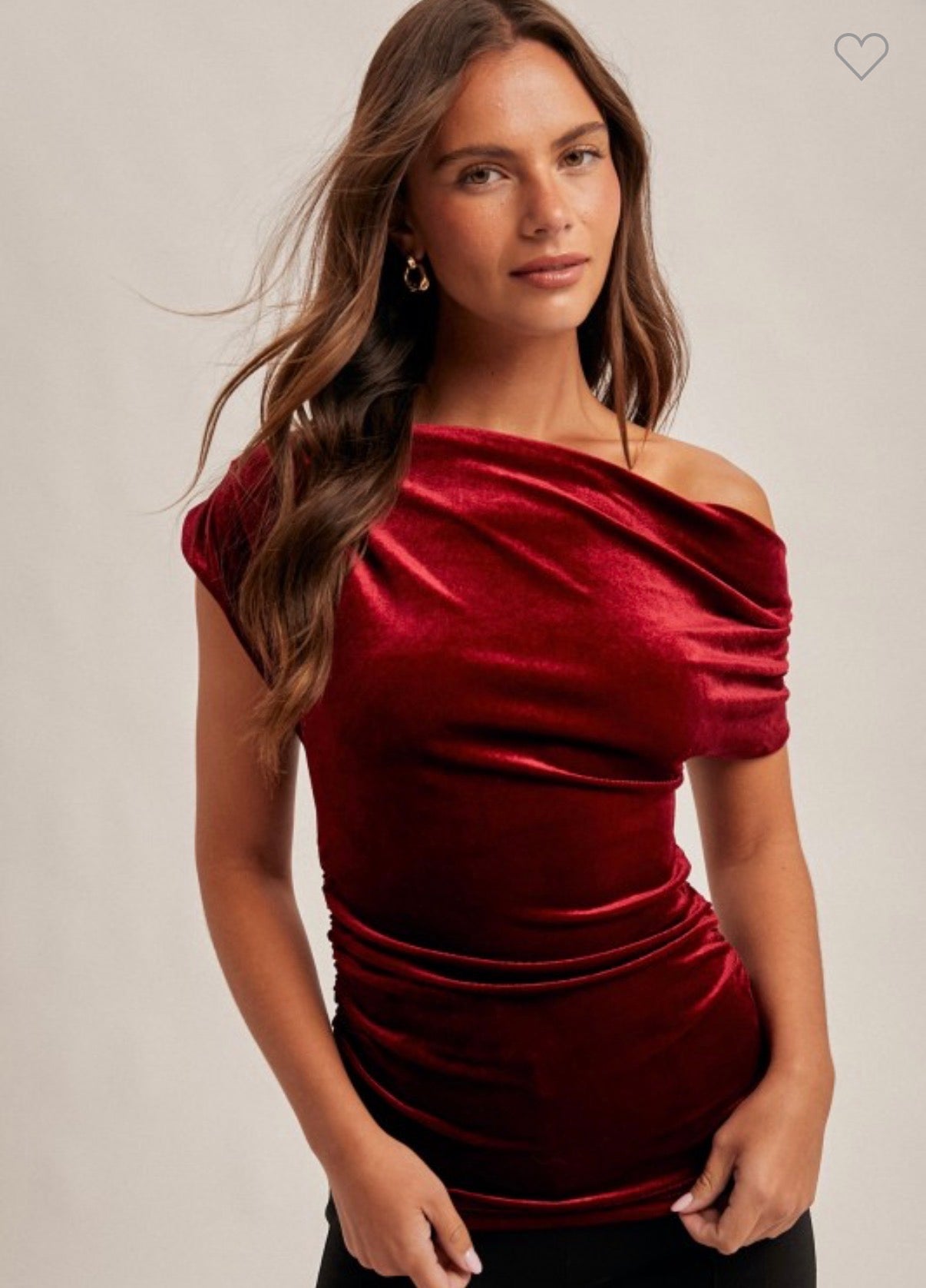 Burgundy Asymmetrical Neck Line Ruched Velvet Top