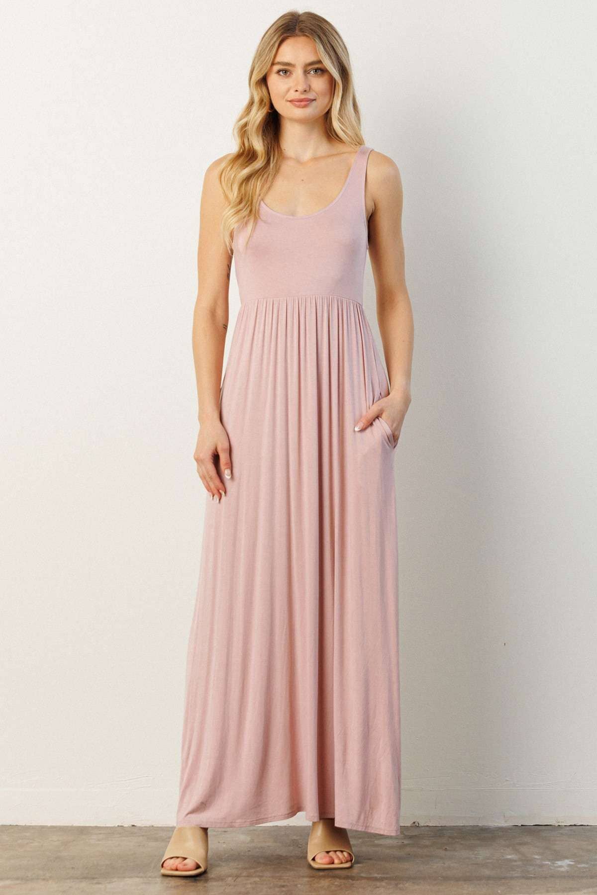 pink empire waist maxi dress Blush Pink bell sleeve deep v-neck Empire waist Maxi Dress