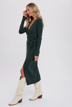 Load image into Gallery viewer, RIBBED GREEN WRAP SWEATER DRESS