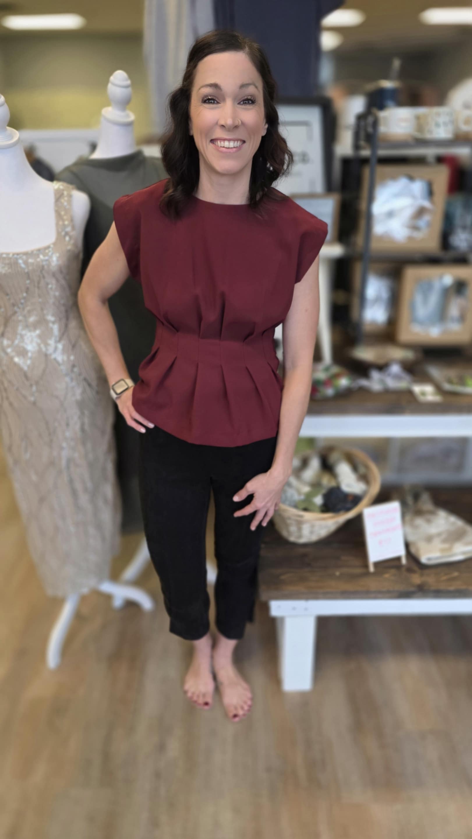 Burgandy Round Neck Waist Pleated Top