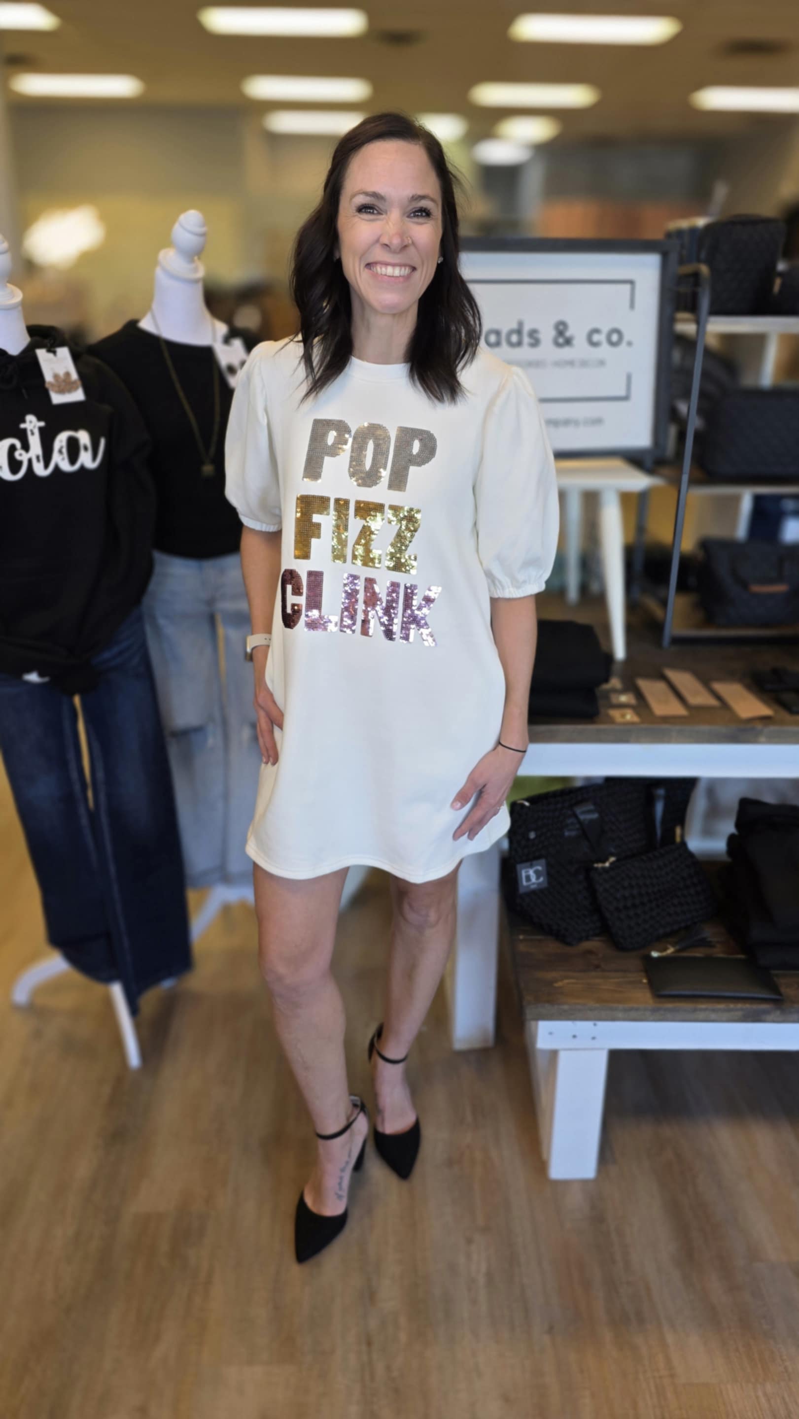 Pop Fizz Clink Sequin Wording Fleece Dress