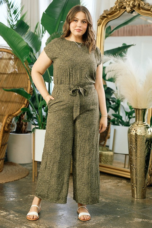 Olive Print Drop Shoulder Jumpsuit With Sash Belt