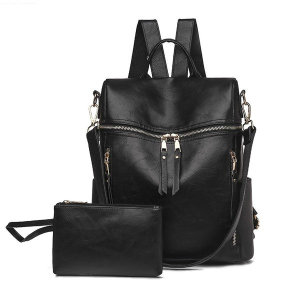 Vegan Leather Backpack Bag 2pc Set