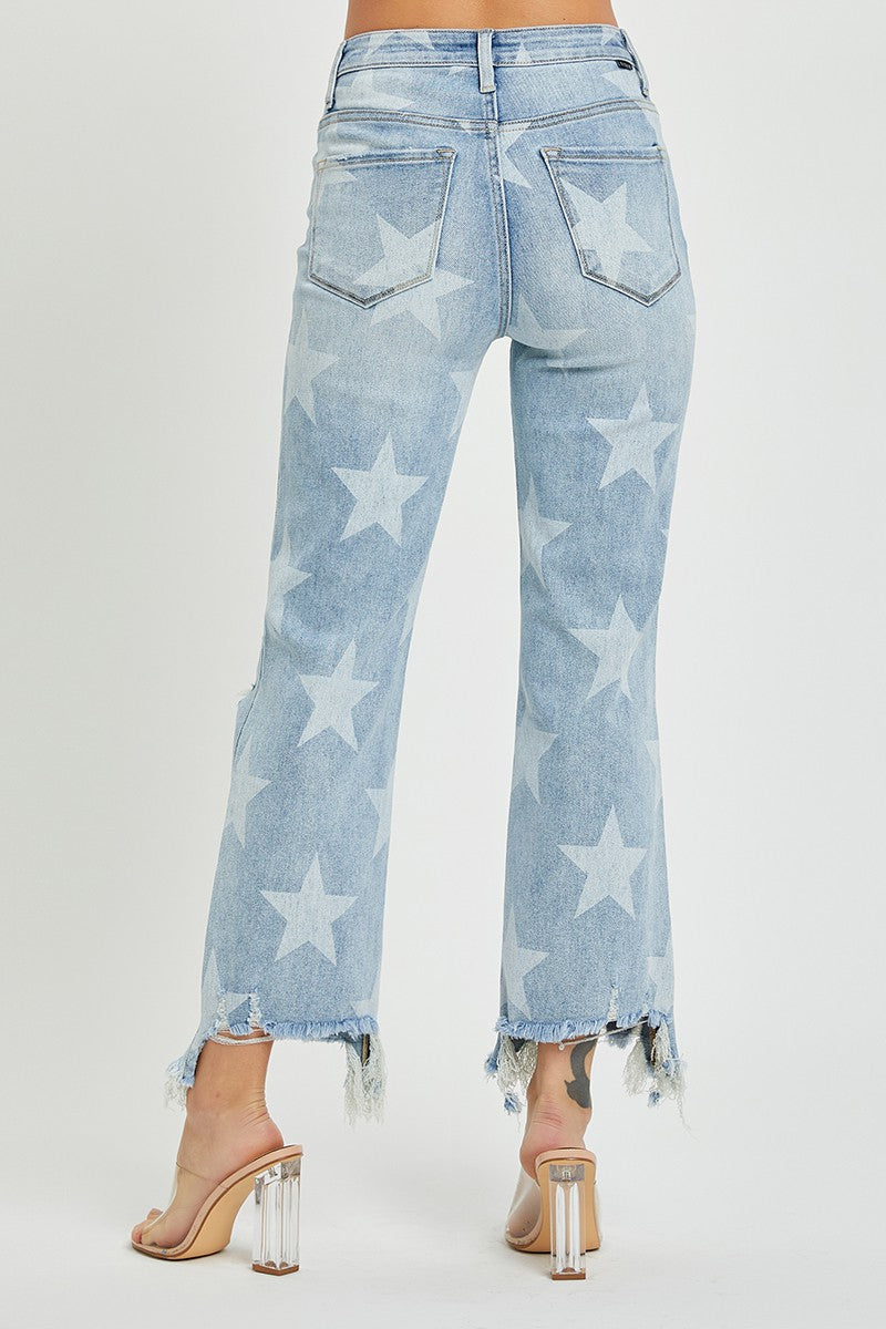 HIGH RISE STAR PRINTED STRAIGHT CROP JEANS