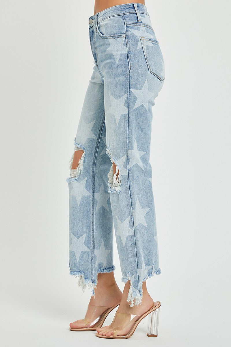 HIGH RISE STAR PRINTED STRAIGHT CROP JEANS