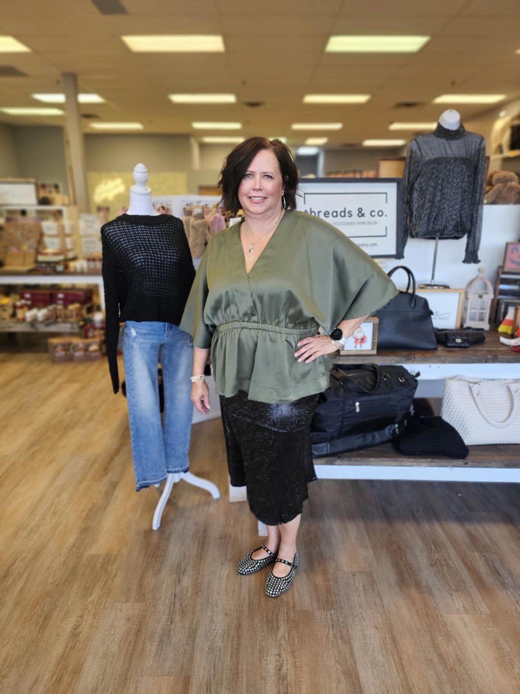 GREEN SATIN PEPLUM TOP