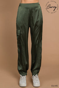 OLIVE SATIN CARGO PANTS