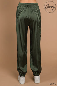 OLIVE SATIN CARGO PANTS