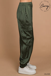 OLIVE SATIN CARGO PANTS