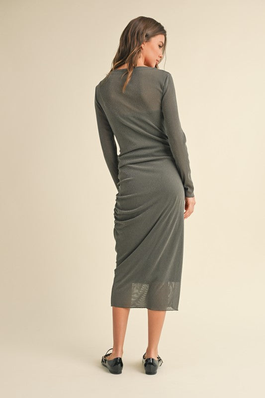 OLIVE MESH DRAPED DRESS