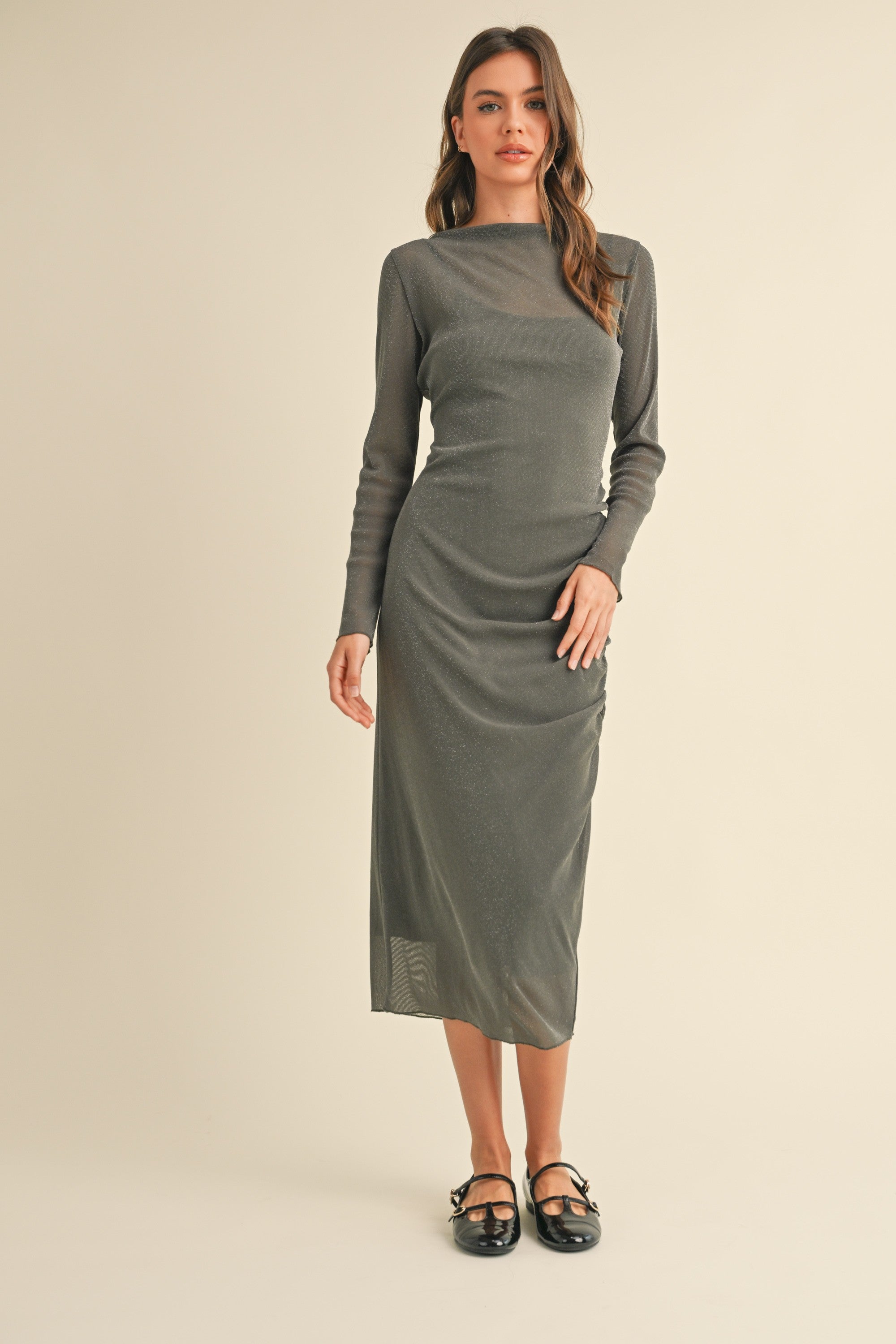 OLIVE MESH DRAPED DRESS
