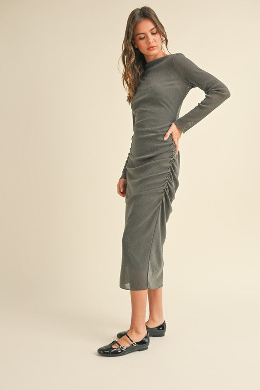OLIVE MESH DRAPED DRESS