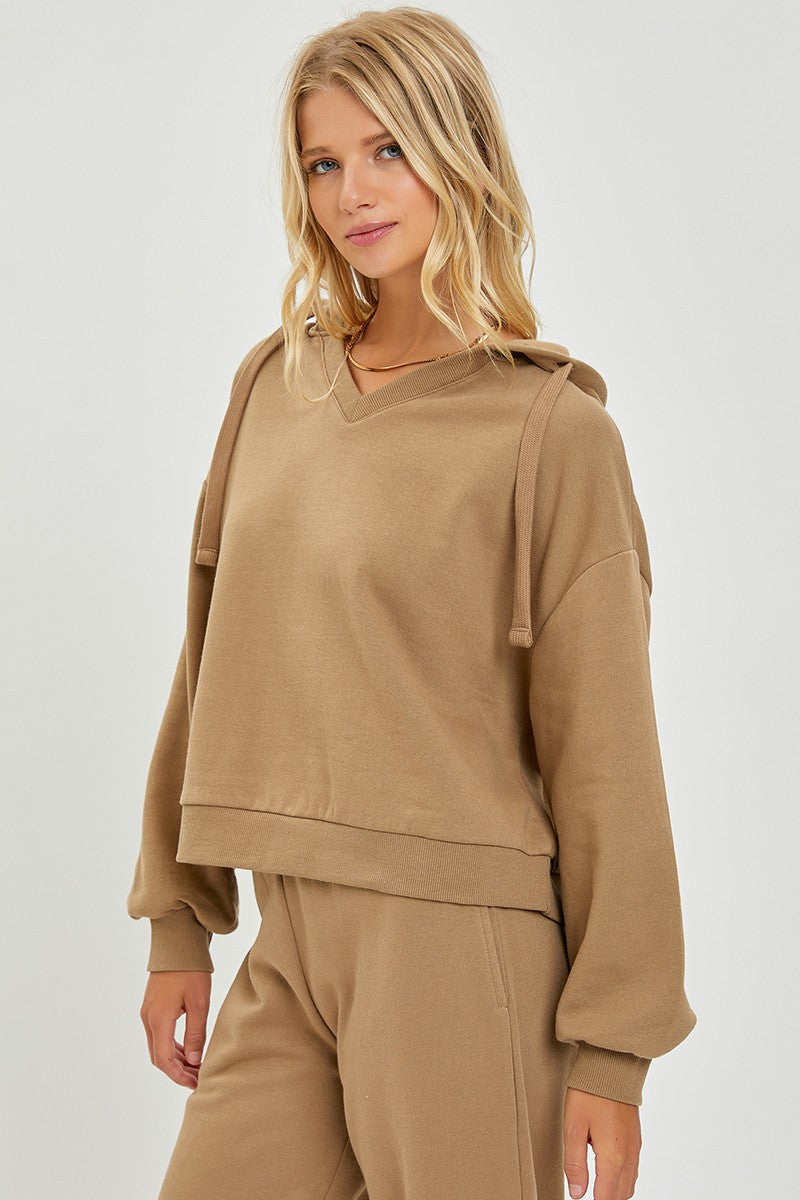 RISEN LOUNGE LINE: OVERSIZED V-NECK HOODIE (MOCHA)