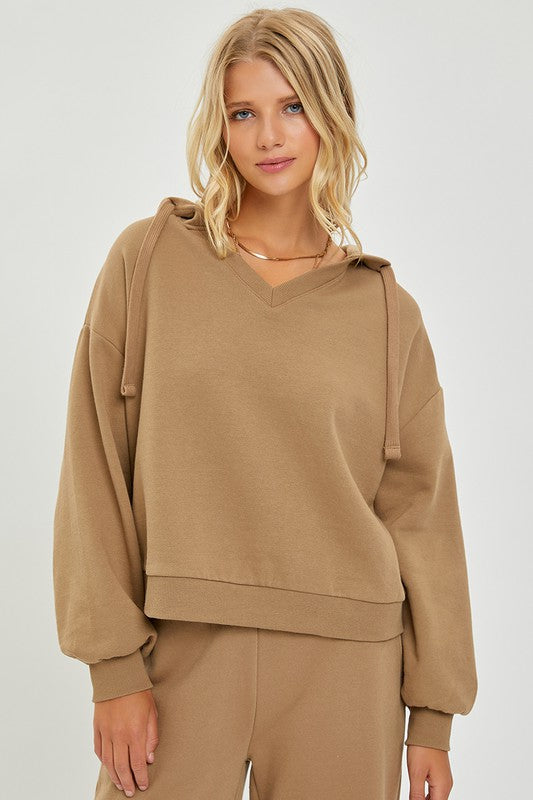 RISEN LOUNGE LINE: OVERSIZED V-NECK HOODIE (MOCHA)