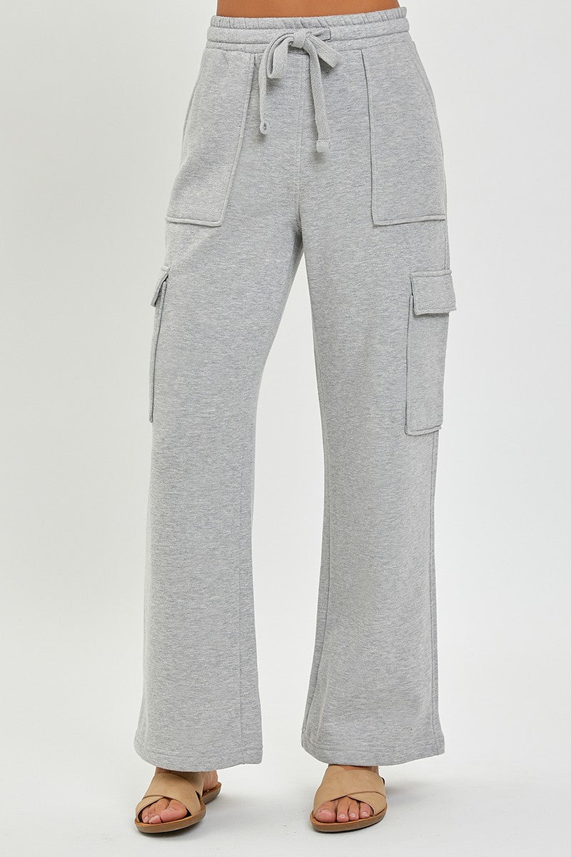 RISEN LOUNGE LINE: CARGO POCKET WIDE LEG PANTS (HEATHER GREY)