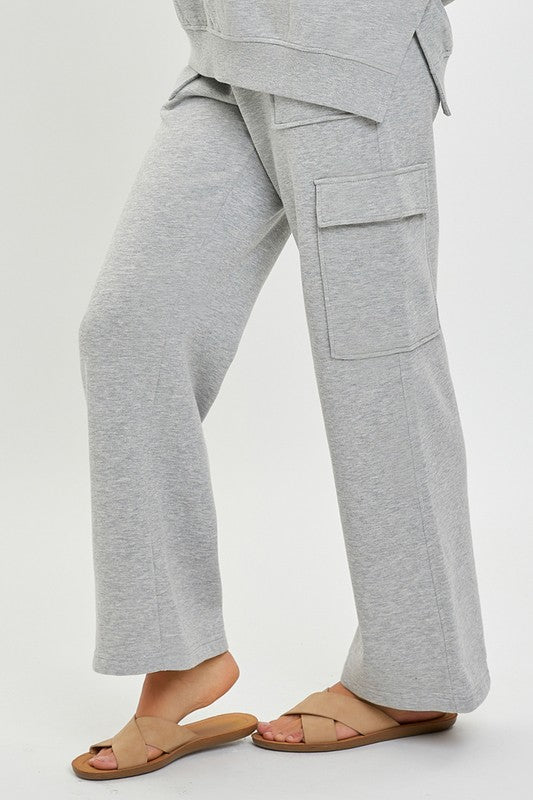 RISEN LOUNGE LINE: CARGO POCKET WIDE LEG PANTS (HEATHER GREY)