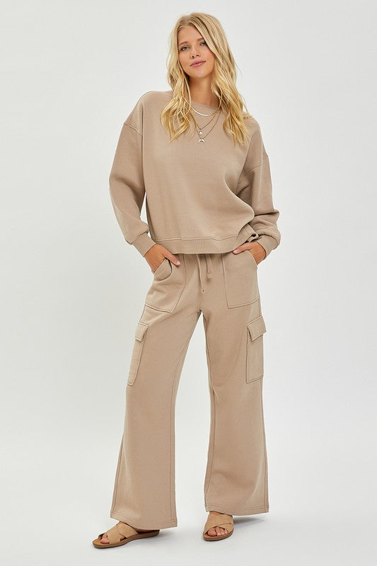 RISEN LOUNGE LINE: CARGO POCKET WIDE LEG PANTS (SAND)