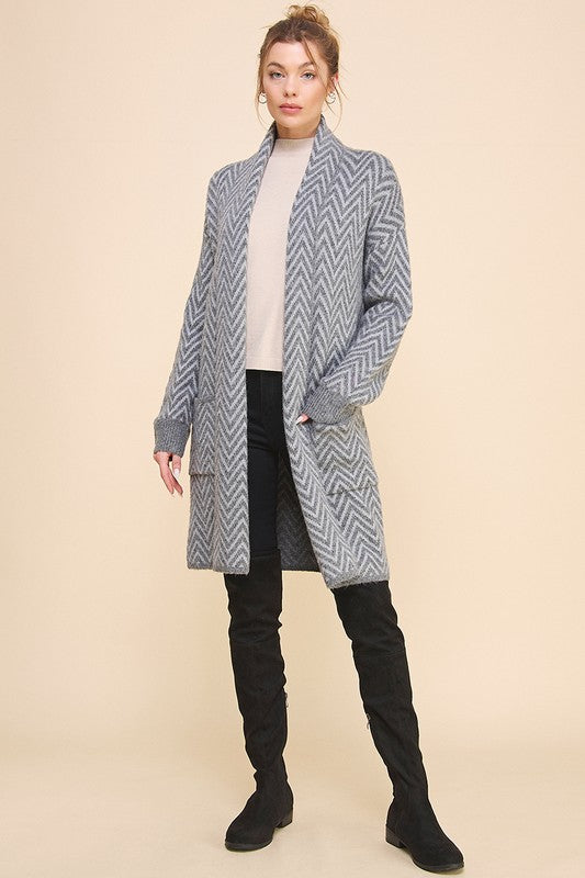 Heathered Chevron Shawl Cardigan (GREY)