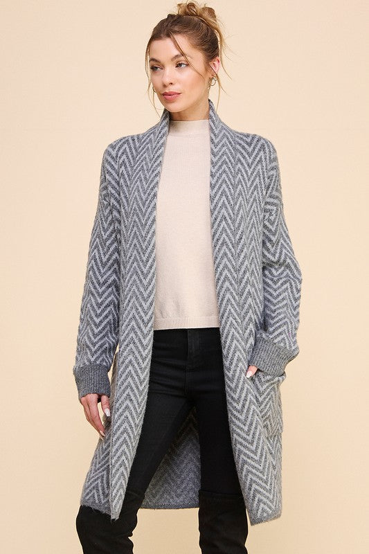 Heathered Chevron Shawl Cardigan (GREY)