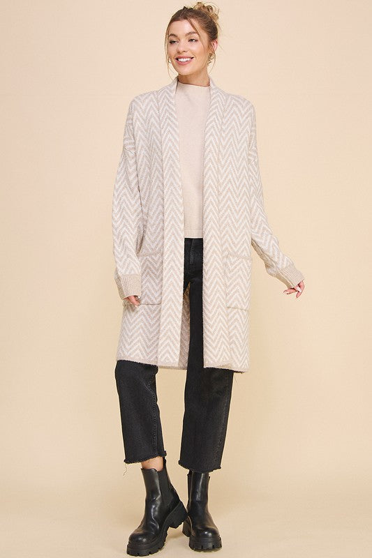 Heathered Chevron Shawl Cardigan (IVORY SAND)