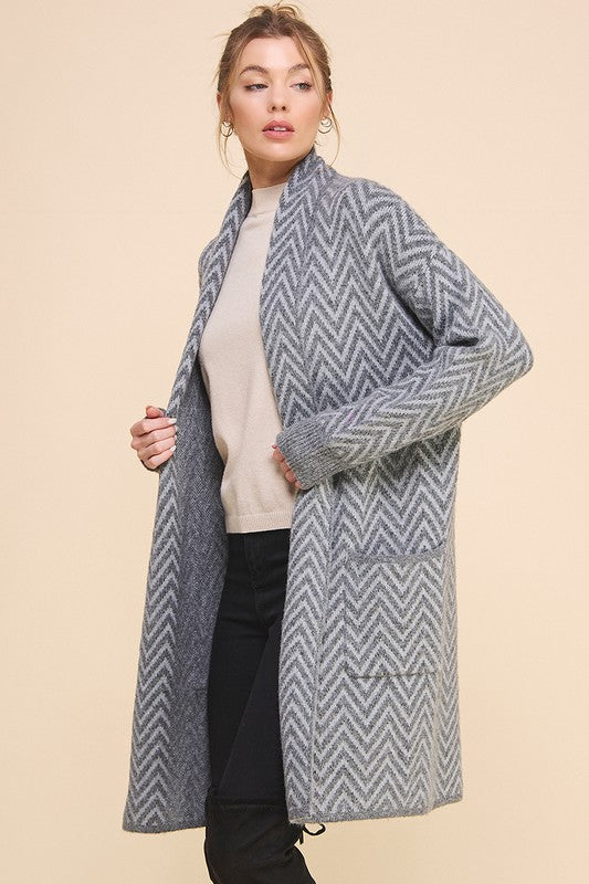 Heathered Chevron Shawl Cardigan (GREY)