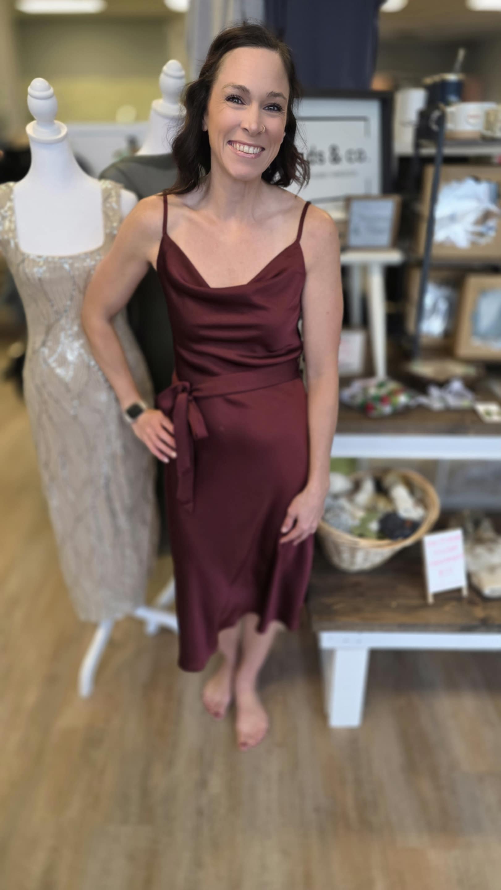Burgandy Draped Neck Sleeveless Midi Dress
