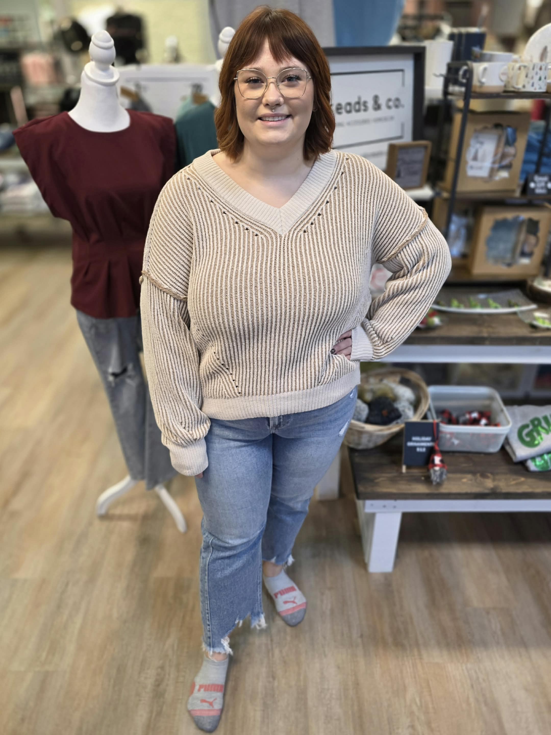 Cream Oversized Two Tone Knit Sweater