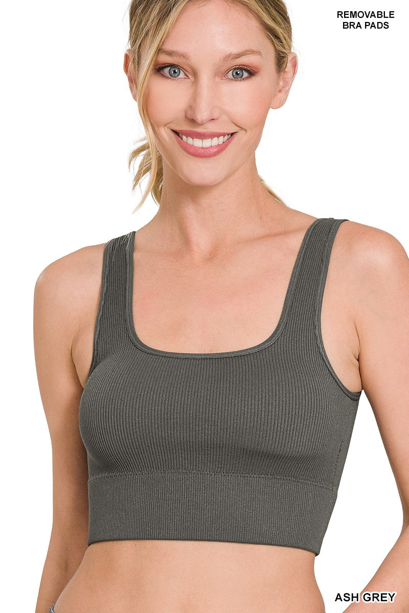 RIBBED SQUARE NECK CROPPED TANK TOP W/ BRA PADS