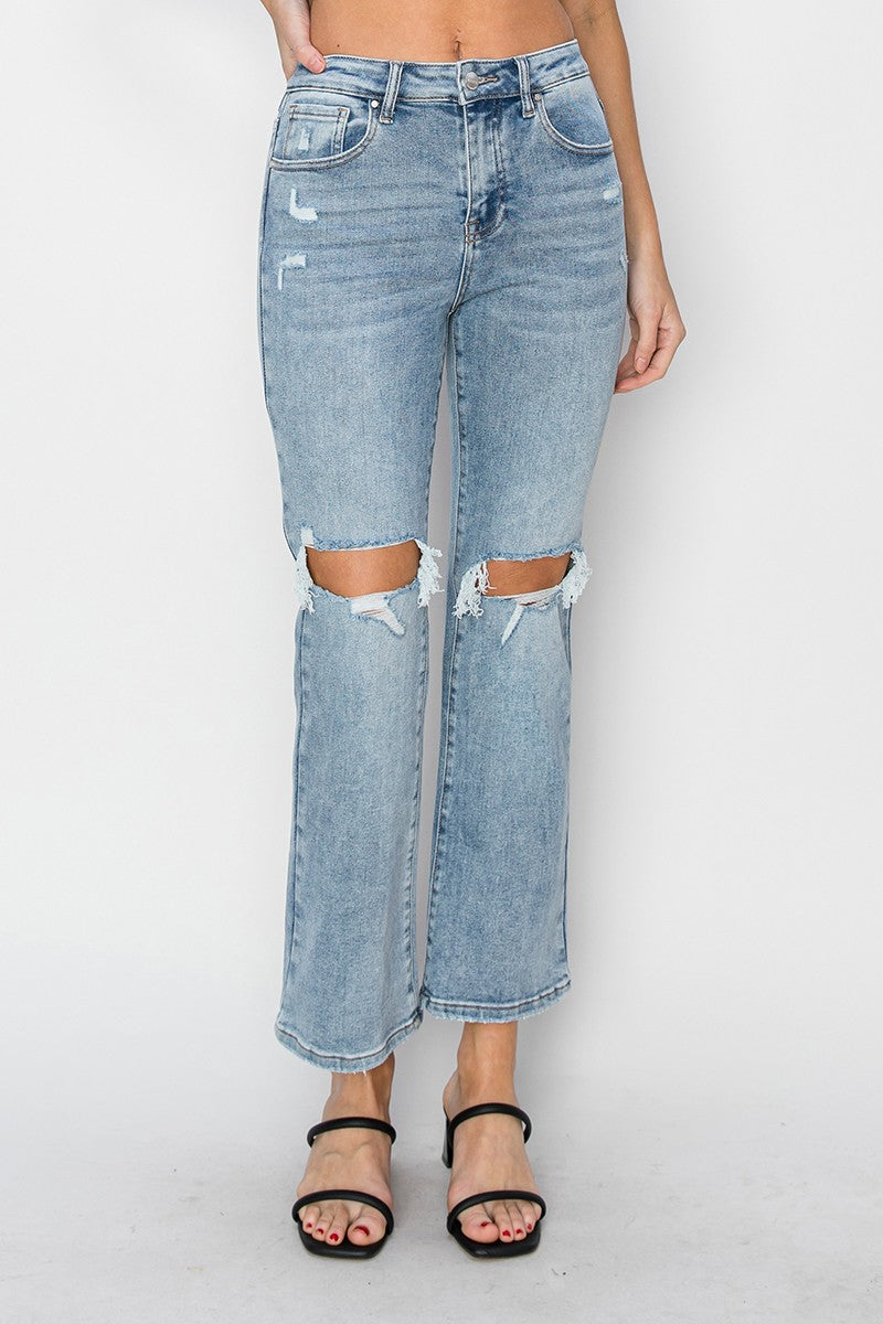 RISEN: KNEE DISTRESSED ANKLE FLARE JEANS