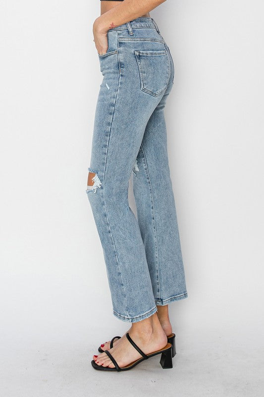 RISEN: KNEE DISTRESSED ANKLE FLARE JEANS