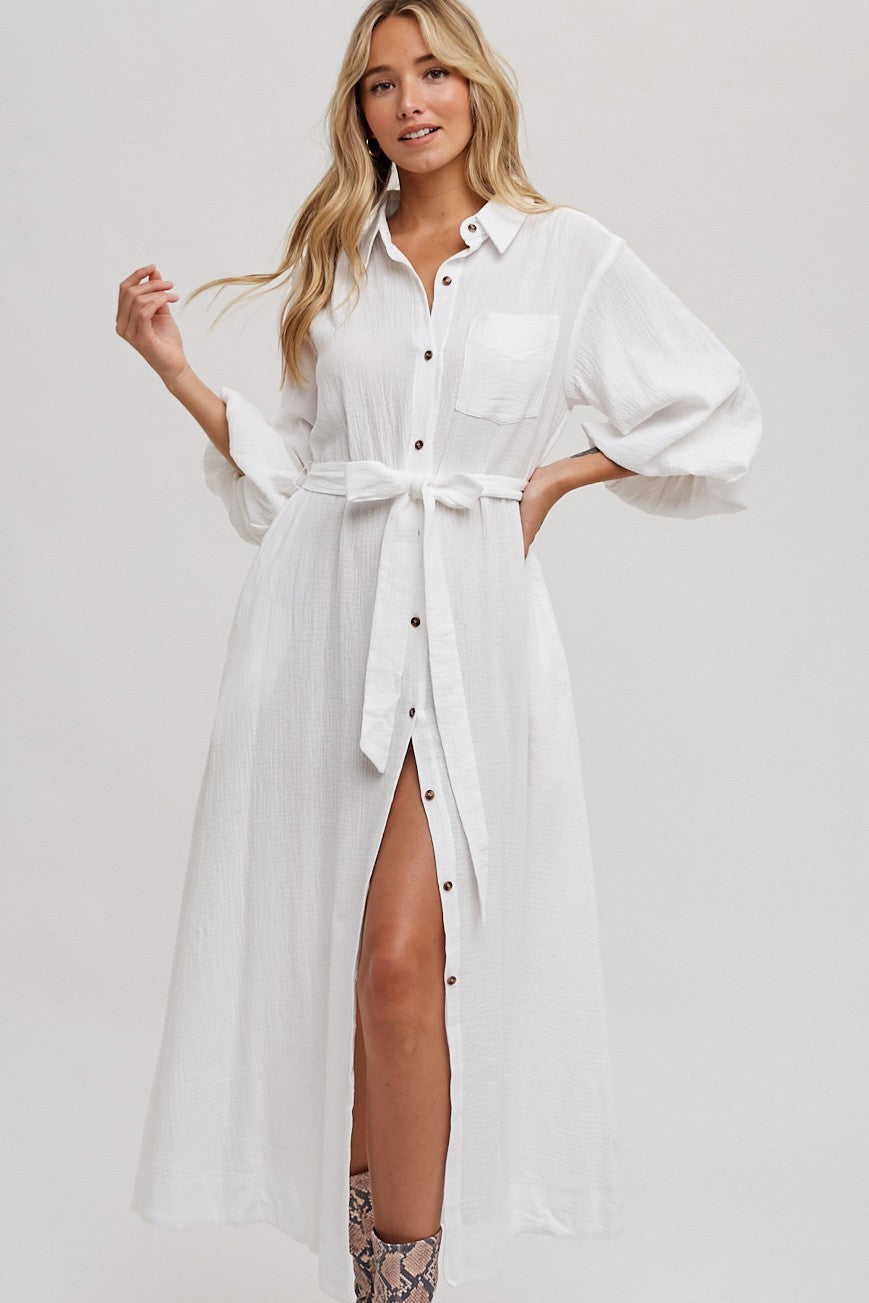 WHITE BELTED MIDI DRESS