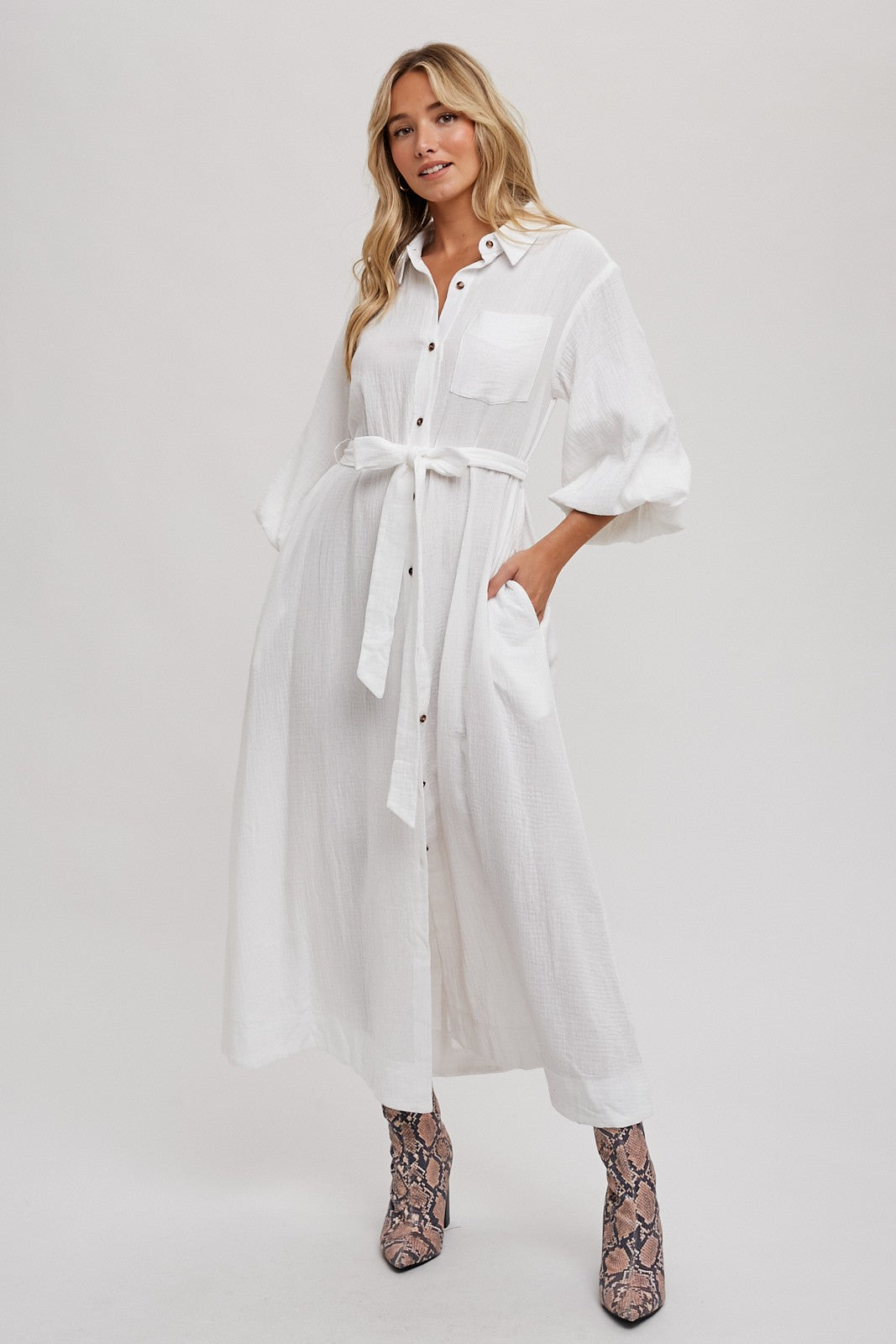 WHITE BELTED MIDI DRESS
