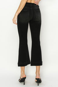 RISEN: BLACK FRONT PATCH ANKLE FLARE JEANS