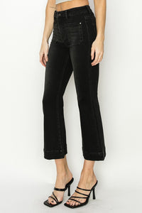 RISEN: BLACK FRONT PATCH ANKLE FLARE JEANS