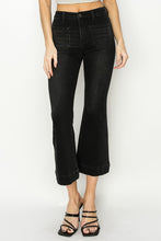 Load image into Gallery viewer, RISEN: BLACK FRONT PATCH ANKLE FLARE JEANS