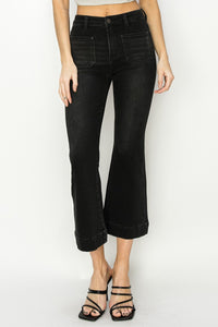 RISEN: BLACK FRONT PATCH ANKLE FLARE JEANS