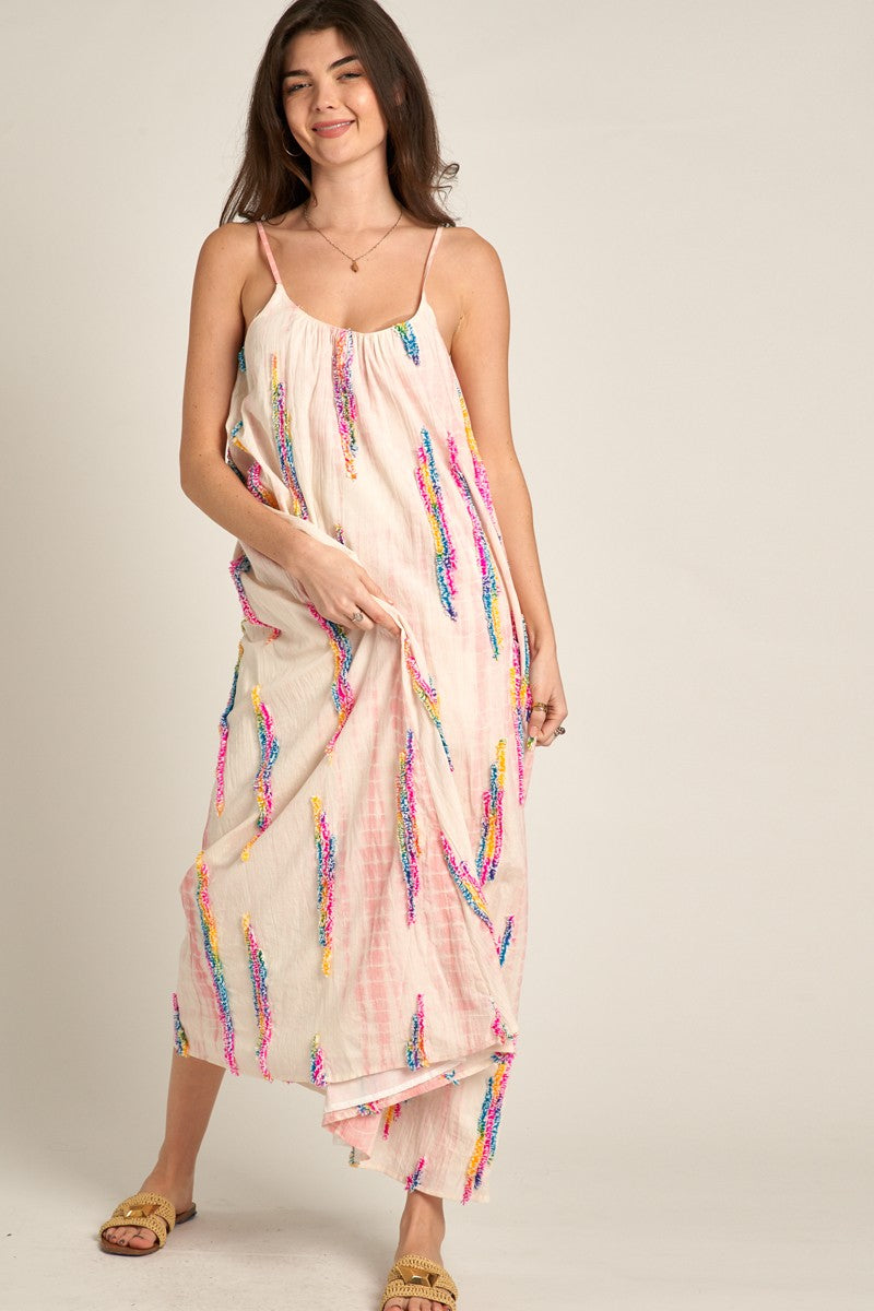 TIE-DYE EMBROIDERED CAMI MAXI DRESS