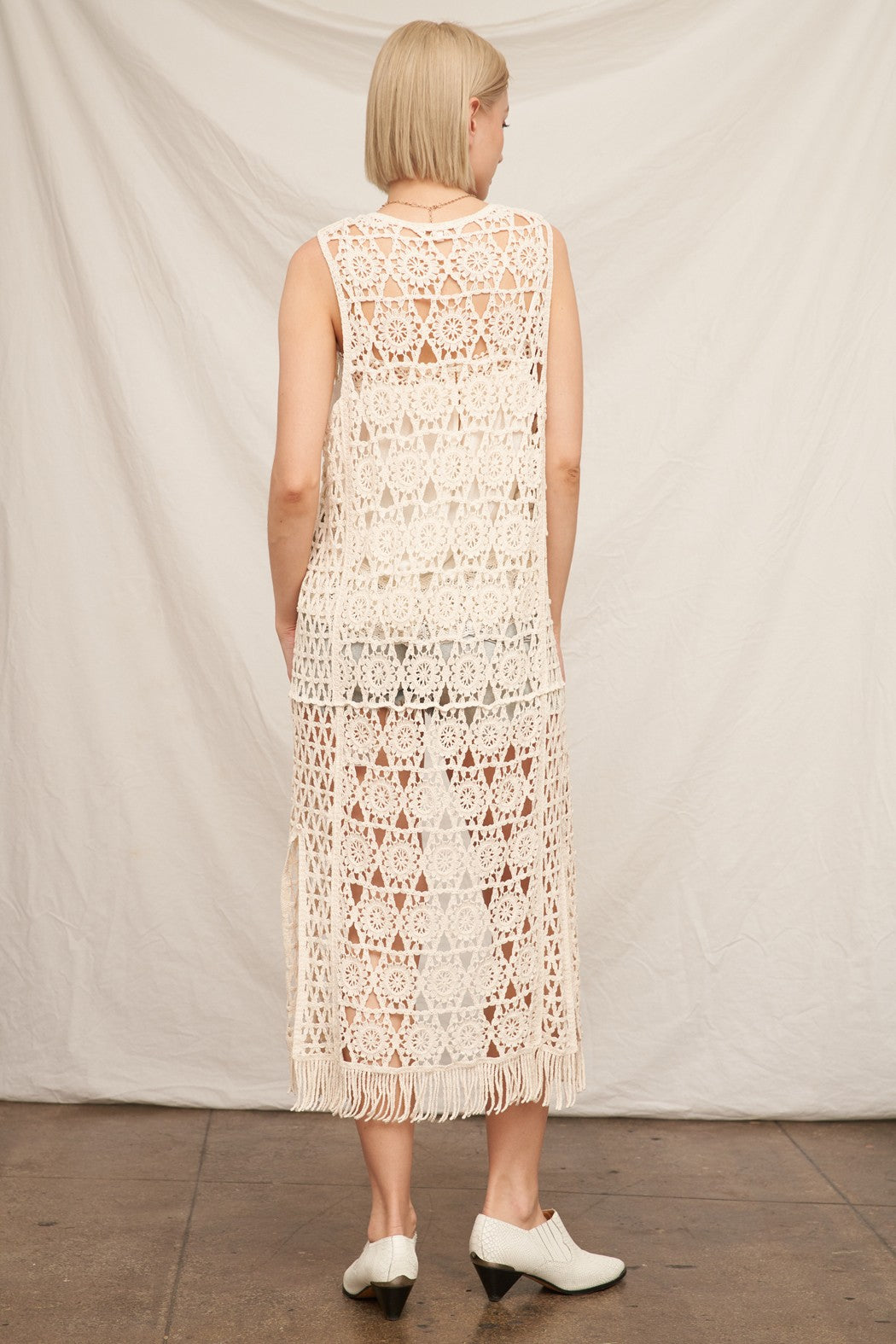Crochet Open Front Tie Tassel Maxi Cardigan