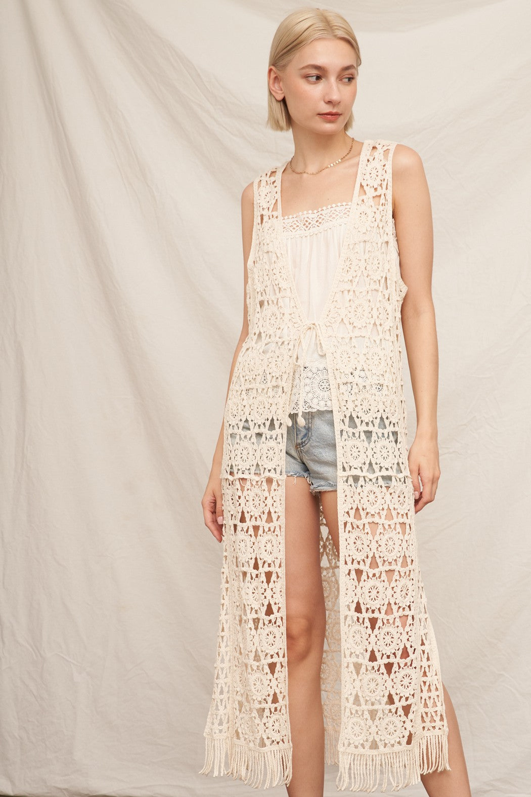 Crochet Open Front Tie Tassel Maxi Cardigan