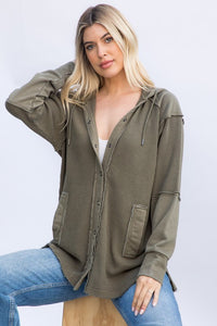 Olive Heavy Knit Waffle Hoodie Shacket