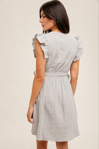 DUSTY BLUE FLUTTER SLEEVE DRESS