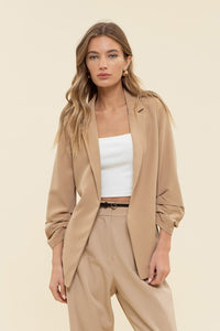 KHAKI 3/4 RUCHED SLEEVE BLAZER