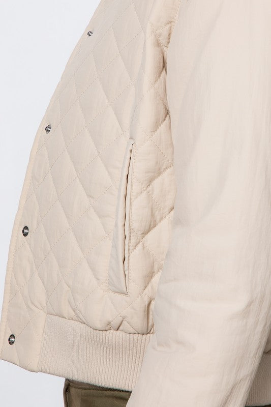 Cream Quilted Bomber Jacket