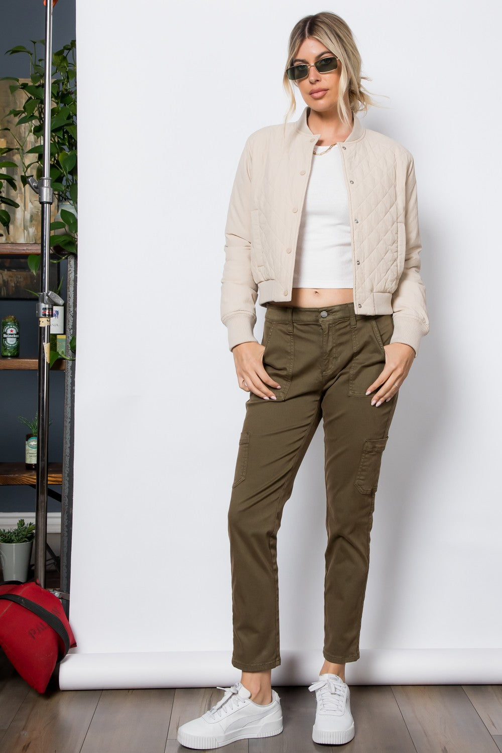 Tan Quilted Bomber Jacket