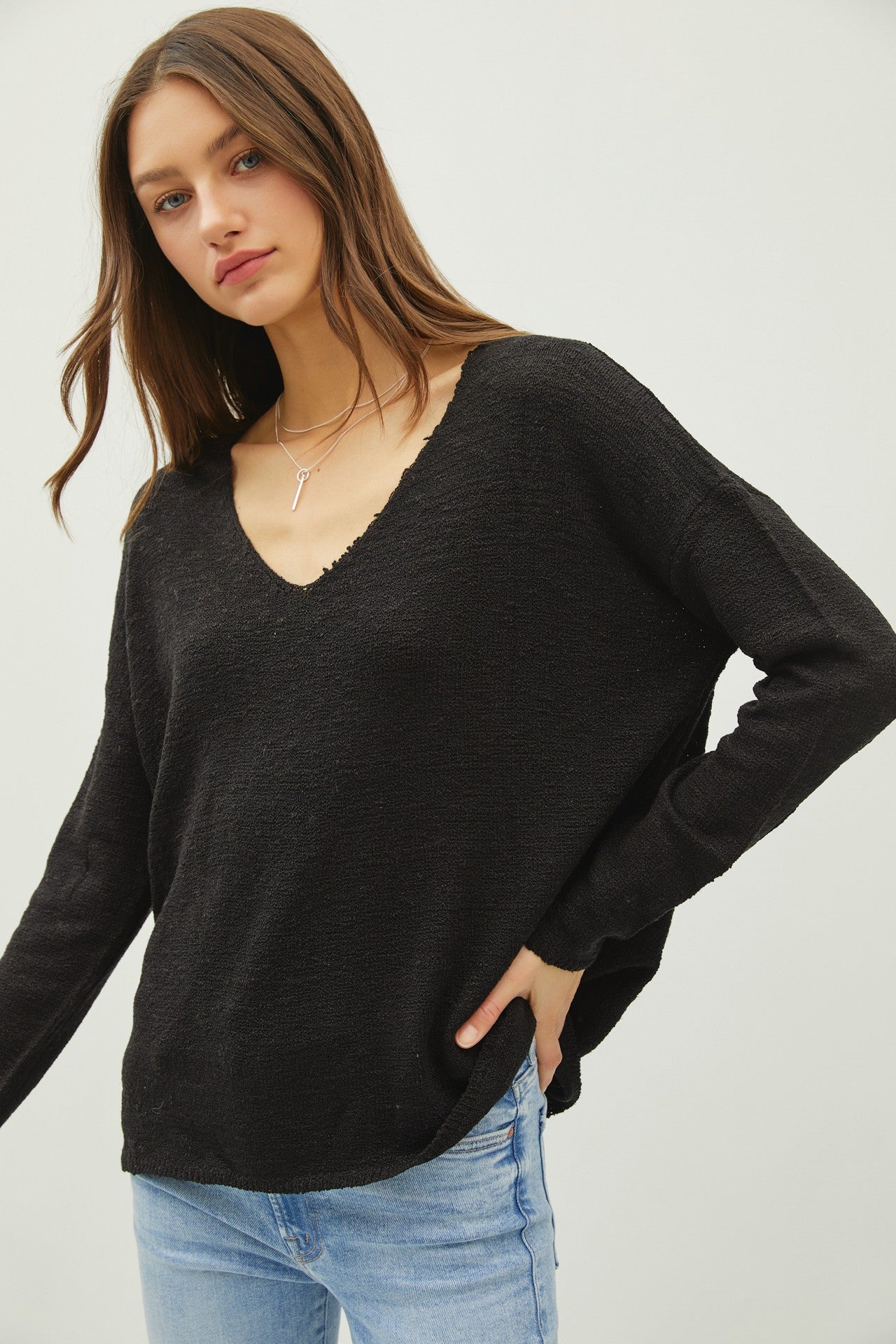 Black V-neck Long Sleeve Sweater