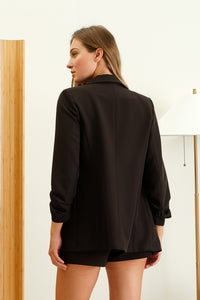 BLACK 3/4 RUCHED SLEEVE BLAZER