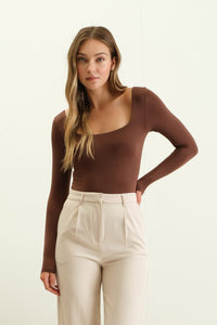 SQUARE NECK LONG SLEEVE BODYSUIT | BROWN