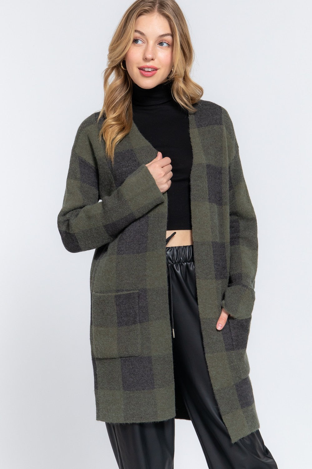 Olive Green and Black Plaid Cardigan